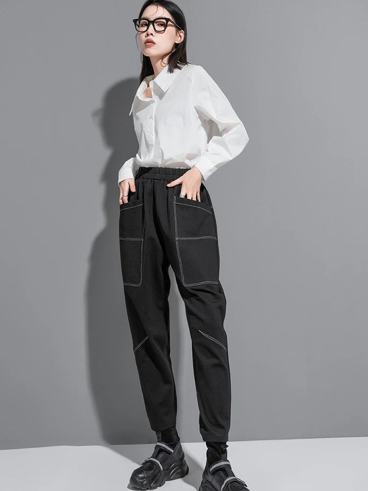 XITAO Pocket Patchwork Black Harem Pants Solid Color Elastic Waist Loose Personality All Match Casual Pants 2024 Autumn LJ1003