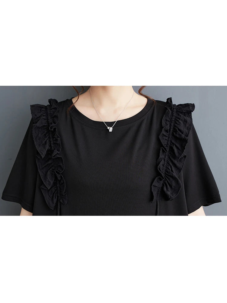 XITAO Asymmetrical Edible Tree Fungus Female Dress Ruffles Hem Casual Fashion Loose Short Women Summer New Black Dress LYD1882