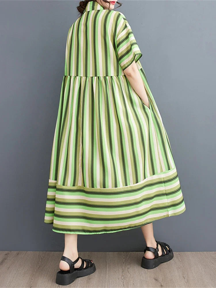 XITAO Striped Dress Fashion Women New Pullover Goddess Fan Casual Style 2024 Summer Minority Loose Elegant Dress WLD11315