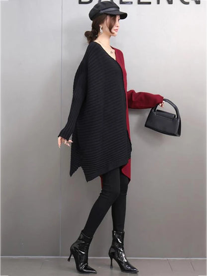 XITAO Fashion Europe Irregular Casual Full Sleeve Sweater Lazy V-neck Batwing Knitting Contrast Color Loose Pullover GMM1015