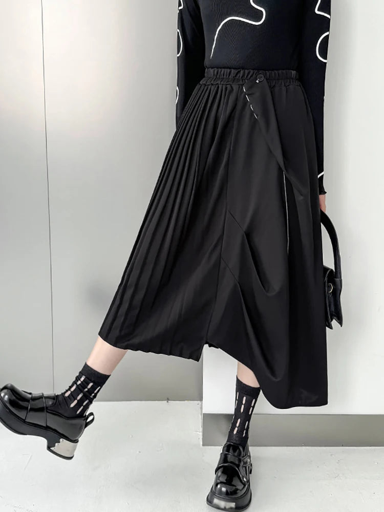 XITAO Asymmetrical Folds Patchwork Skirts Solid Color Elastic Waist Loose A-line Mid-calf Casual Skirts Spring New DMJ3934