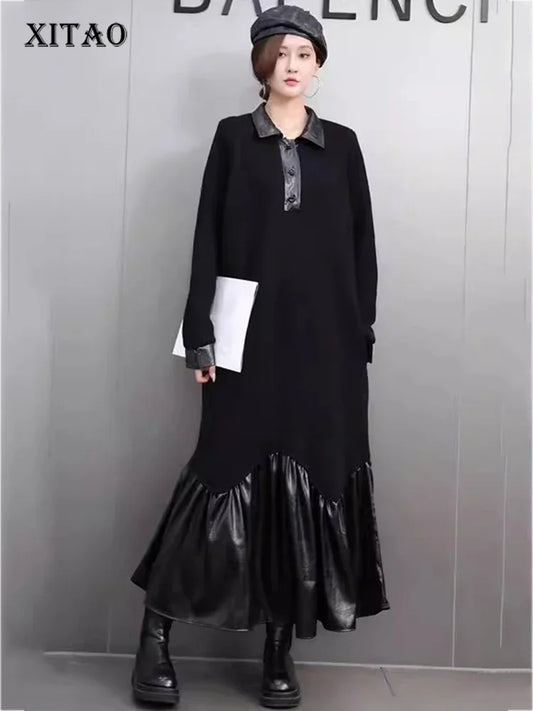 XITAO Solid Color Patchwork Mesh Female Dress Casual Loose A-line Ankle-length Long Sleeve Fish Tail Autumn Women Dress GMM1016