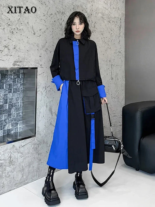 XITAO Contrast Color Patchwork Dress Sets Zipper Turn-down Collar Tops Elastic Waist Pocket Mid-calf Casual Skirts Autumn LJ1025