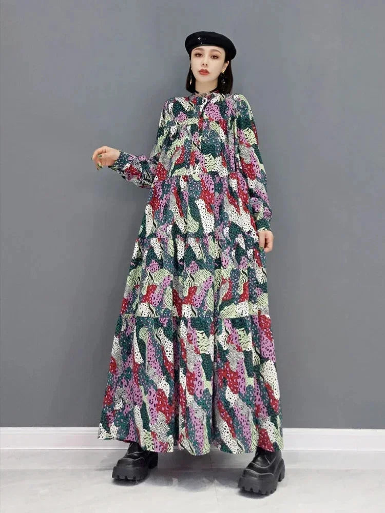 XITAO Print Pattern Dress Fashion New Women Pleated Full Sleeve Spring Long Elegant Minority Casual Style Dress WMD2966