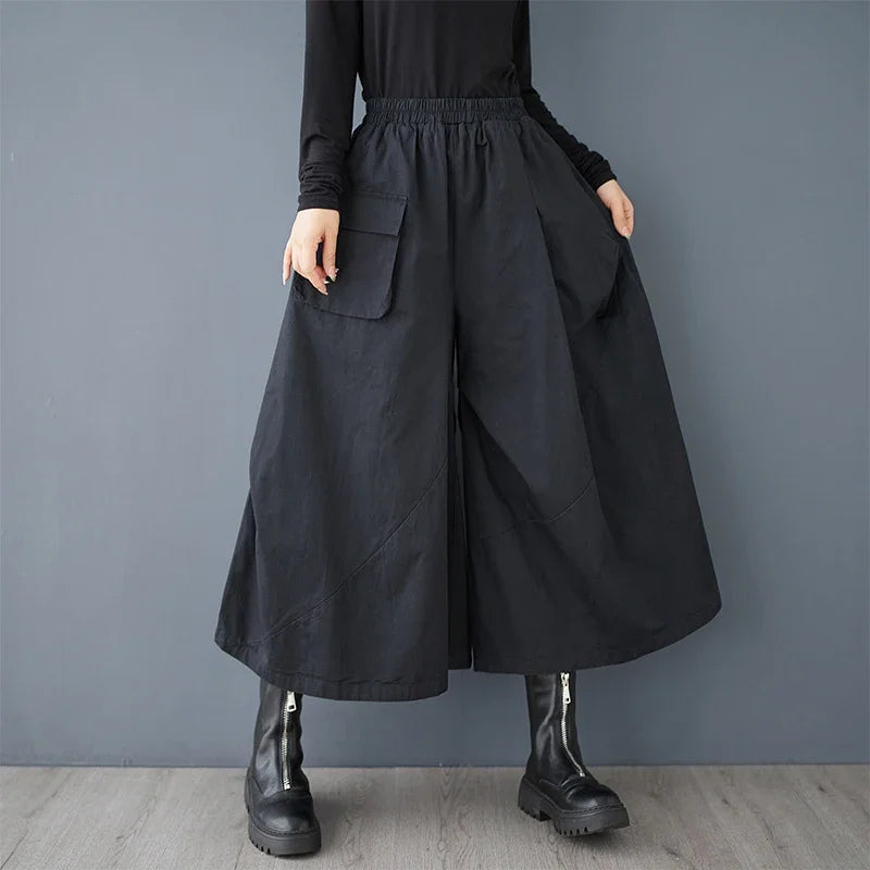 XITAO Loose Fitting Solid Color Elastic Waist Ankle-length Pants New Patchwork Irregular Pocket Autumn Women Trousers GMM1098