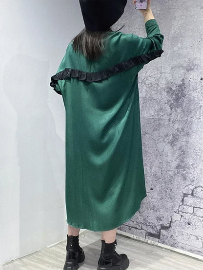 XITAO Casual Loose Shirt Dress Fashion Contrast Color Ruffles Patchwork Long Sleeve Turn-down Collar Shirt Dress WMD2200