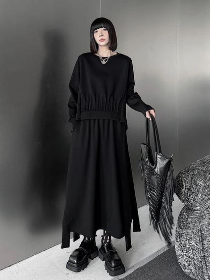 XITAO Solid Color Asymmetrical Slimming Dress Sets O-neck Pullover Long Sleeve Top Elastic Waist Loose Skirt 2024 Autumn DMJ5010