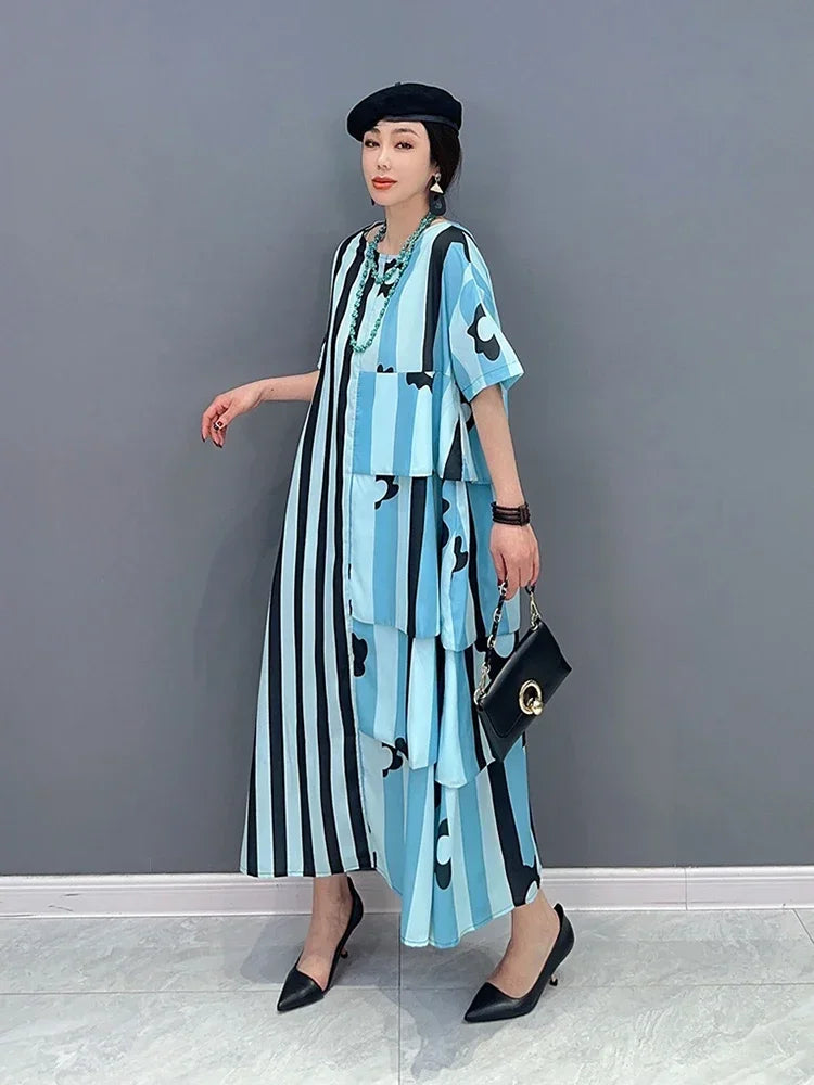 XITAO Asymmetrical Striped Print Dress Loose Fashion Contrast Color Loose Simplicity O-neck Pullover T-shirt Dress ZY8453