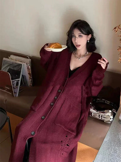 XITAO Hollow Out V-neck Single Breasted Cardigan Solid Color Long Sleeve Loose Fashion Casual All Match Coat 2024 Autumn GJ1115