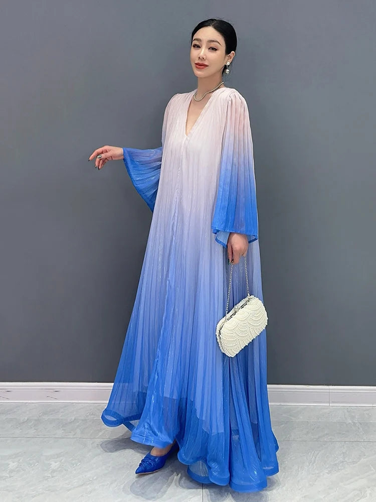 XITAO Gradient Gauze Dress Flare Sleeve Folds V-neck Collar Temperament  Women Long Dress Fashion Casual Loose New WLD20252