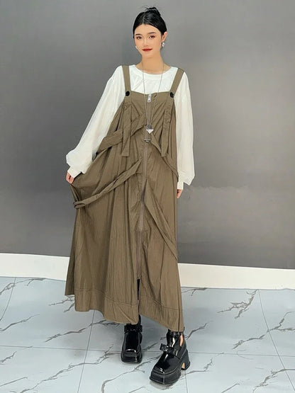 XITAO Straps Zipper Button Pocket Casual Dress Sleeveless A-line Solid Color Ankle-length Pullover Autumn Women Dress GMM1264