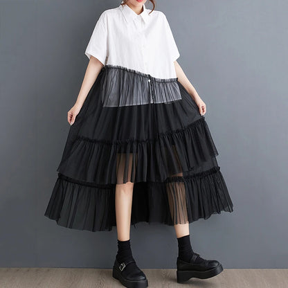 XITAO Gauze Irregular Patchwork Female Shirt Dress Loose Casual Fashion Summer Women New Single Breasted A-line Dress WLD20214