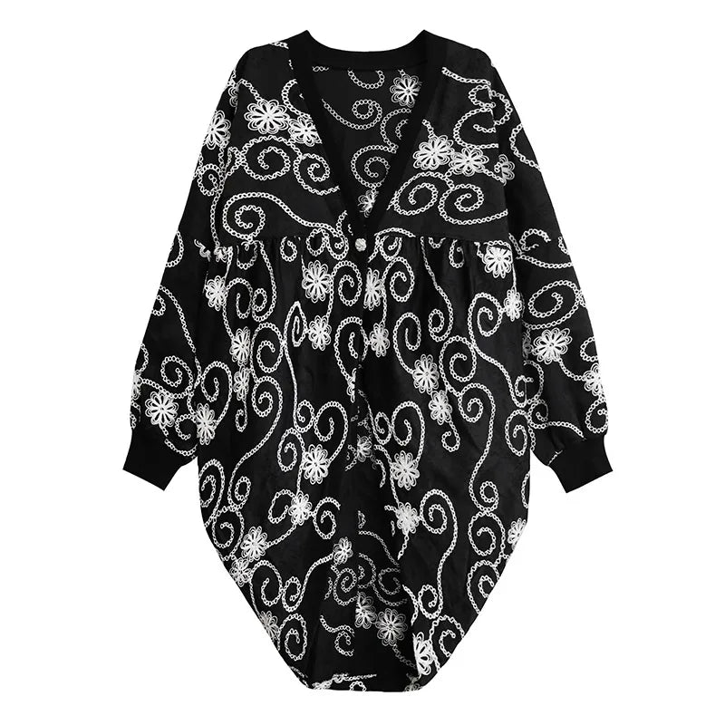 XITAO Embroidery Single Button V-neck Trench Batwing Sleeve Loose Fashion Loose Temperament Long Coat 2024 Autumn New ZY8882