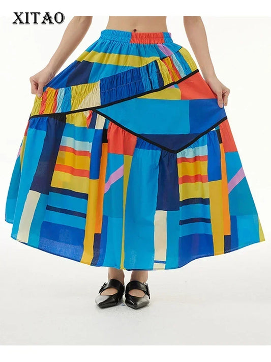 XITAO Striped Print Pattern Skirt Fashion Elastic Waist Goddess Fan Casual Style  Minority 2024 Summer Skirt WMD5493