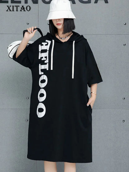 XITAO Hooded Letter Printing Drawstring Dress Casual Loose Fitting Knee-length Half Sleeve Pullover Summer Women Dress GMM1194