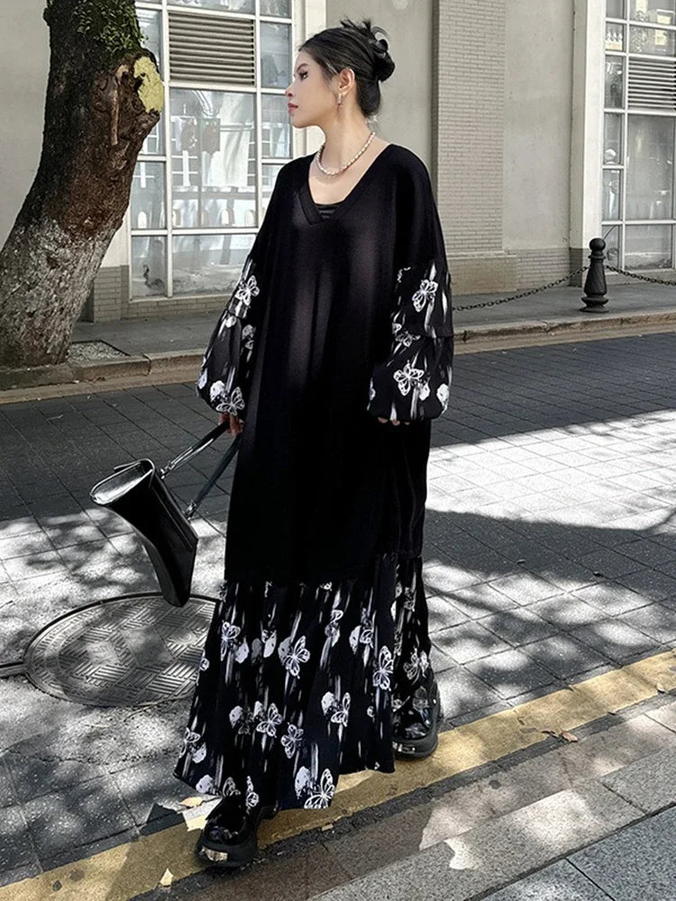 XITAO Knitted Pullover V-neck Women Dress Casual Loose Long Sleeve Patchwork Printing A-line Ankle Length Female Dress GYX1055