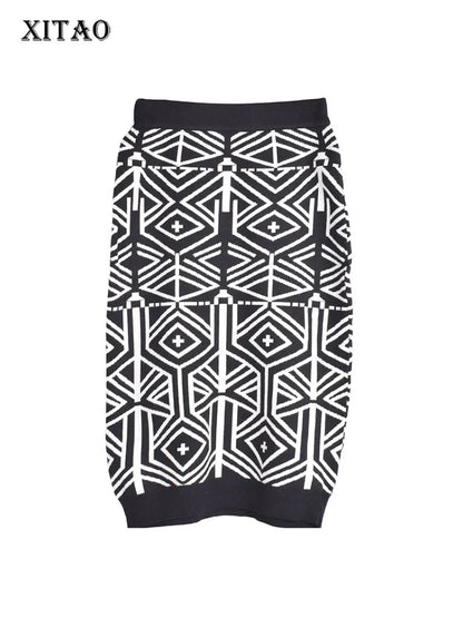 XITAO Knitting Skirts Fashion Matching Color Geometric Pattern Casual All-match Temperament 2024 New Arrival Women WS2122