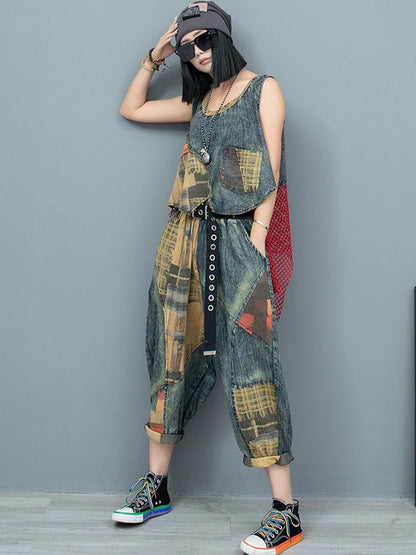 XITAO Personality Patchwork Print Two Piece Set Irregular Vest Casual Loose Harem Pants Fashion Street Trendy Sets ZY8762