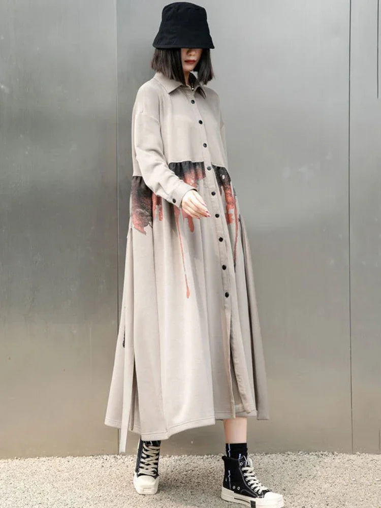 XITAO Print Single Breasted Long Sleeve Trench Solid Color Loose Turn-down Collar Pocket Patchwork Long Coat 2024 Autumn HQQ2379