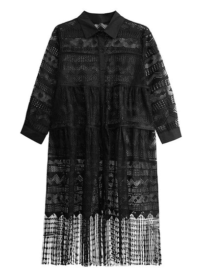 XITAO Casual Hollow Out Lace Black Mid-calf Dress Hong Kong New A-line Full Sleeve Loose Tassel Autumn Women Dress ZYY1117