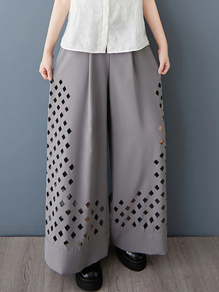 XITAO Hollow Out Wide-leg Elastic Waist Women Pant Casual Solid Color Korea Ankle-length New Trendy Style Female Pant GYX1507