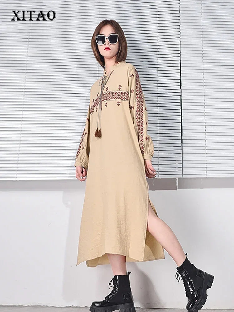 XITAO Drawstring Embroidery Dress Spring Women Fashion Small Fresh Neck Pullover Elegant Minority Vintage Dress LJT4191