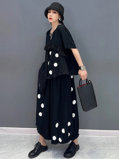 XITAO Casual Asymmetric Dot Two Piece Set Personality Patchwork Top Women Summer New Loose All-match Ankle Length Pants ZY8717