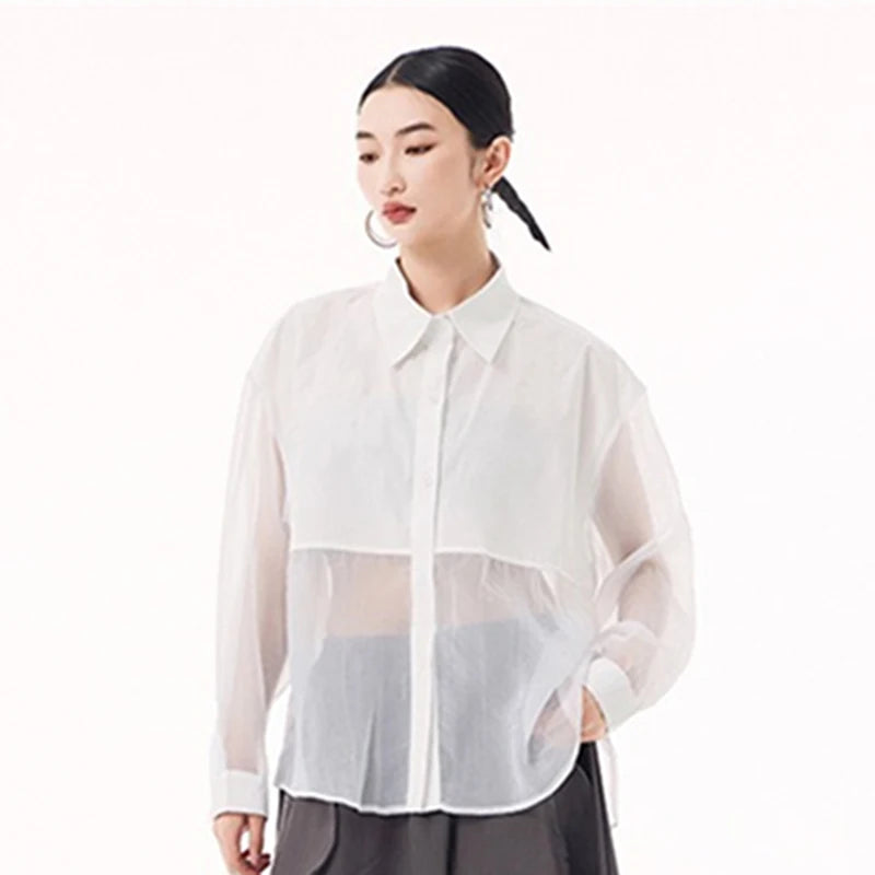 XITAO Mesh Patchwork Single Breasted Blouse Loose Solid Color Turn-down Collar Spring Female Casual Full Sleeve Shirt GMM1367