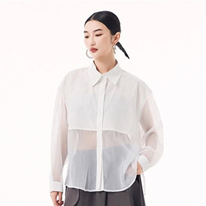 XITAO Mesh Patchwork Single Breasted Blouse Loose Solid Color Turn-down Collar Spring Female Casual Full Sleeve Shirt GMM1367