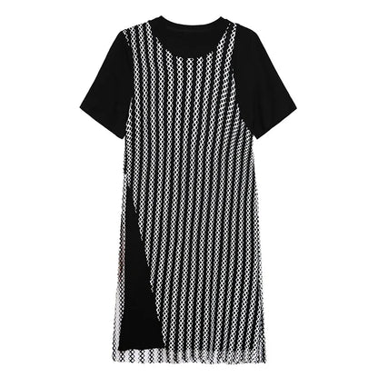 XITAO Grid Patchwork O-neck Pullover Dresses Short Sleeve Loose Contrast Color Mid-calf Fashion Dresses 2024 Summer New DMJ4082