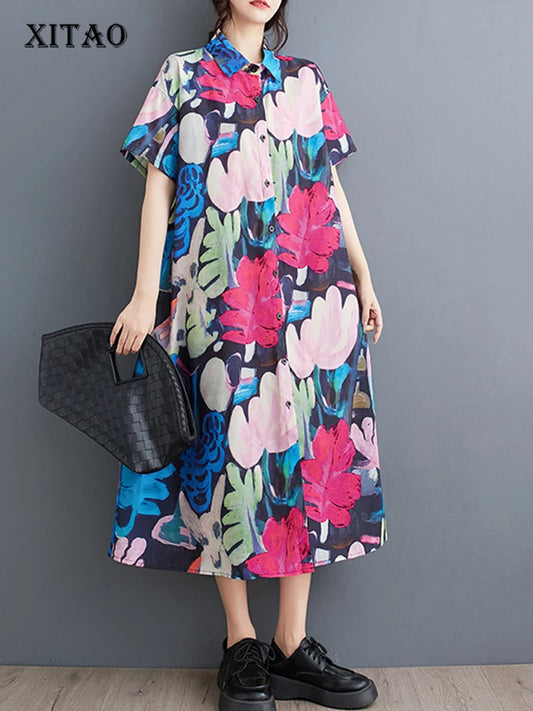 XITAO Short Sleeve Print A-line Dress Loose Fashion All-match Slimming Street Trendy 2024 Summer Women New Dress HQQ2382