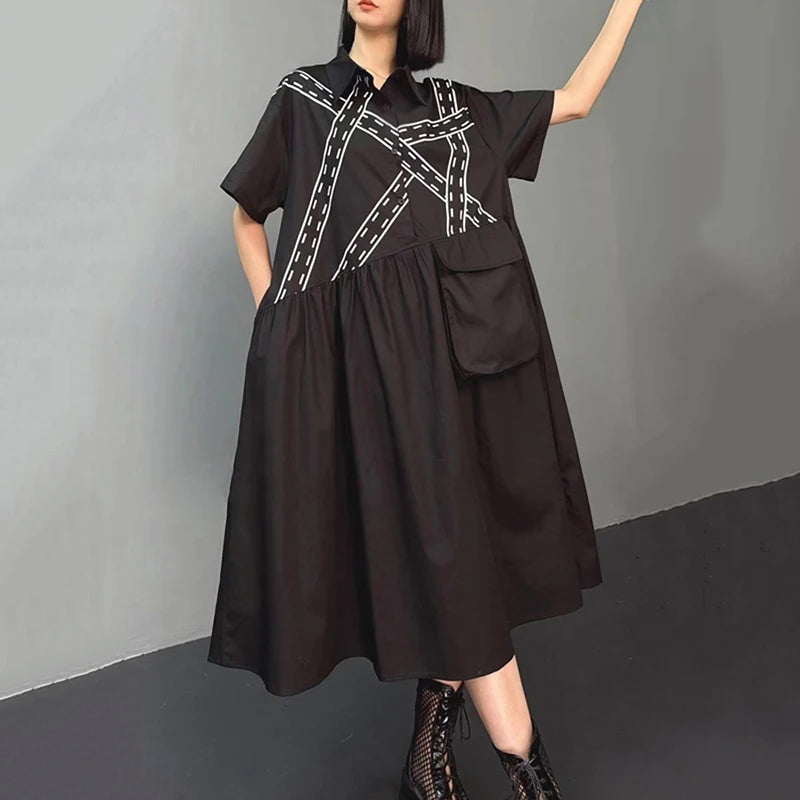 XITAO Loose Irregular Striped Female Shirt Dress Fashion Big Pocket Patchwork Women Summer New Casual Simplicity Dress HQQ2368