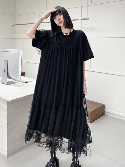 XITAO Black Mesh Patchwork Dress Slimming Elegant Temperament O-neck Loose Casual Fashion New Female A-line Dress LYD1856