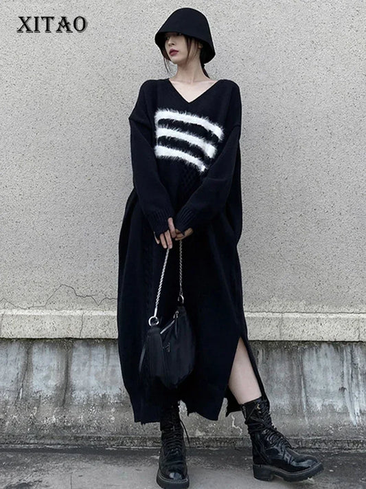 XITAO Vintage V-neck Knitting Dress Contrast Color Patchwork Side Split Women Winter Temperament Trend Simplicity FBB1183