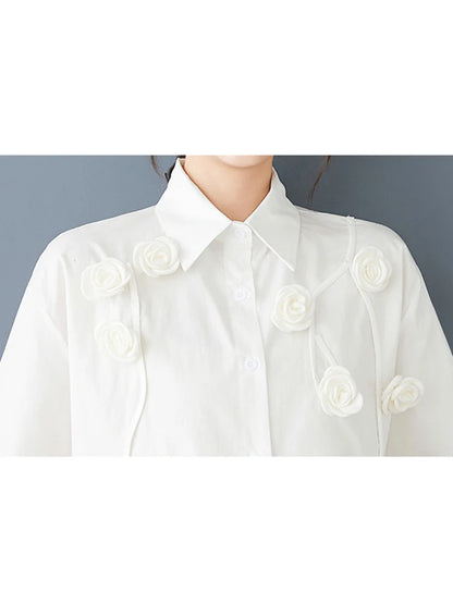 XITAO Three-dimensional Patchwork Shirt Solid Color Flower Turn-down Collar Single Breasted Short Sleeve Loose Blouse HQQ2433