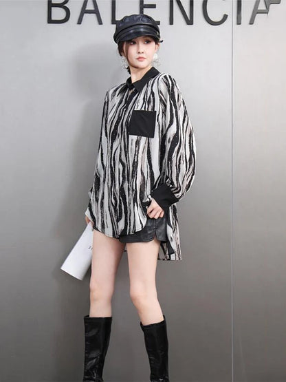 XITAO Striped Print Pocket Patchwork Split Blouse Pullover Turn-down Collar Long Sleeve Slimming Temperament Shirt ZY8925