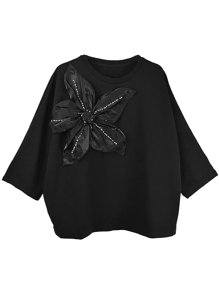 XITAO O-neck Three Quarter Sleeve Three Dimensional Decoration T-shirt Loose Casual Temperament 2024 Women New Top HJF21856