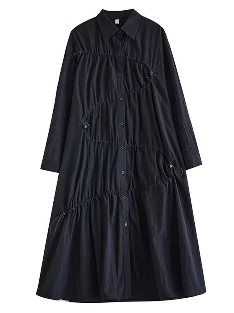 XITAO Loose Solid Draw Pleated Shirt Dress Single Breasted Turn-down Collar Mid-calf Full Sleeve Casual All Match Dress ZYY1004