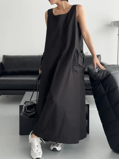 XITAO Loose Sleeveless Solid Color Dress O-neck Simplicity Personality Pleated 2024 Summer Women New Pullover Dress HQQ1097