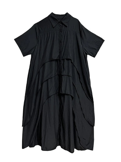 XITAO Asymmetrical Single Breasted Shirt Dress Solid Color Short Sleeve Loose Slimming Dress Summer New DMJ4134