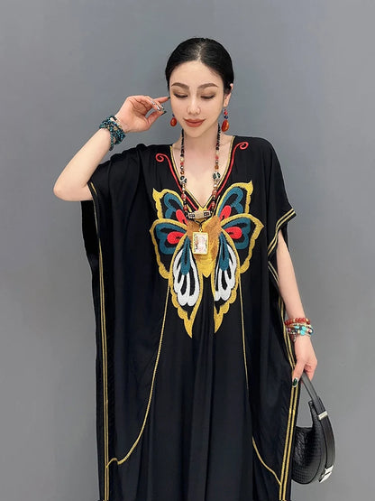 XITAO Bat Wing Sleeve Dress Embroidery Butterfly Pattern Loose Fashion Contrast Color Casual Dress Summer New Women LYD1735