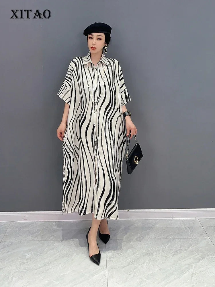 XIATO Striped Patchwork Single Breasted Dress Turn-down Collar Loose 2024 Summer New Arrival Casual Fashion All Match SMH1508