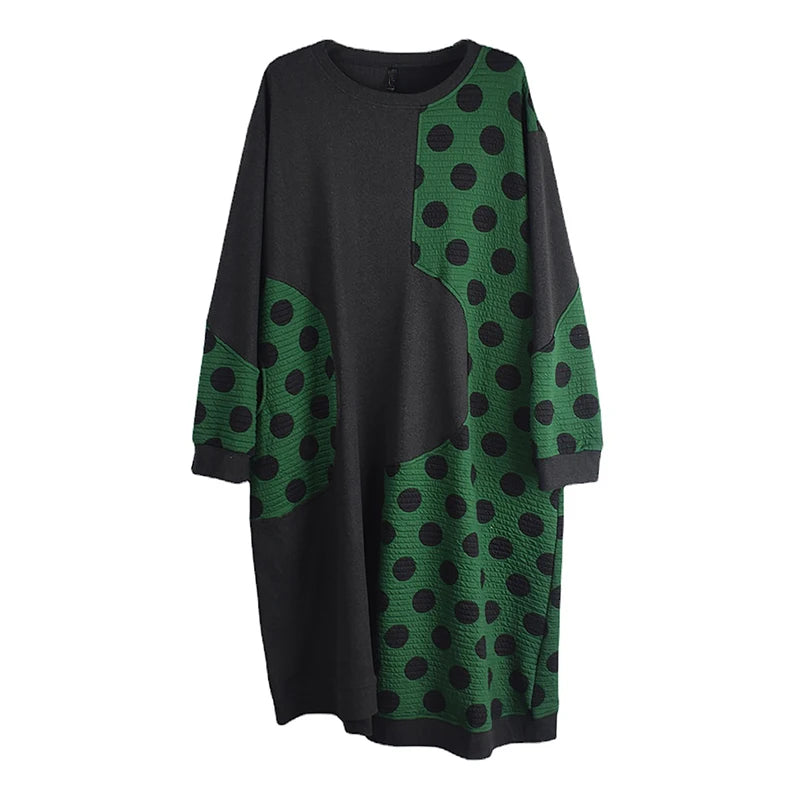 XITAO Long Sleeve Dress Irregular Contrast Color Dot Print Patchwork Women Loose A-line Dress Spring New Women ZZ0227