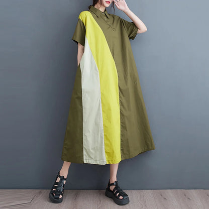 XITAO Patchwork Pullover Shirt Dress Turn-down Collar Loose Pocket Summer New Arrival Casual Show Thin All Match WLD11573