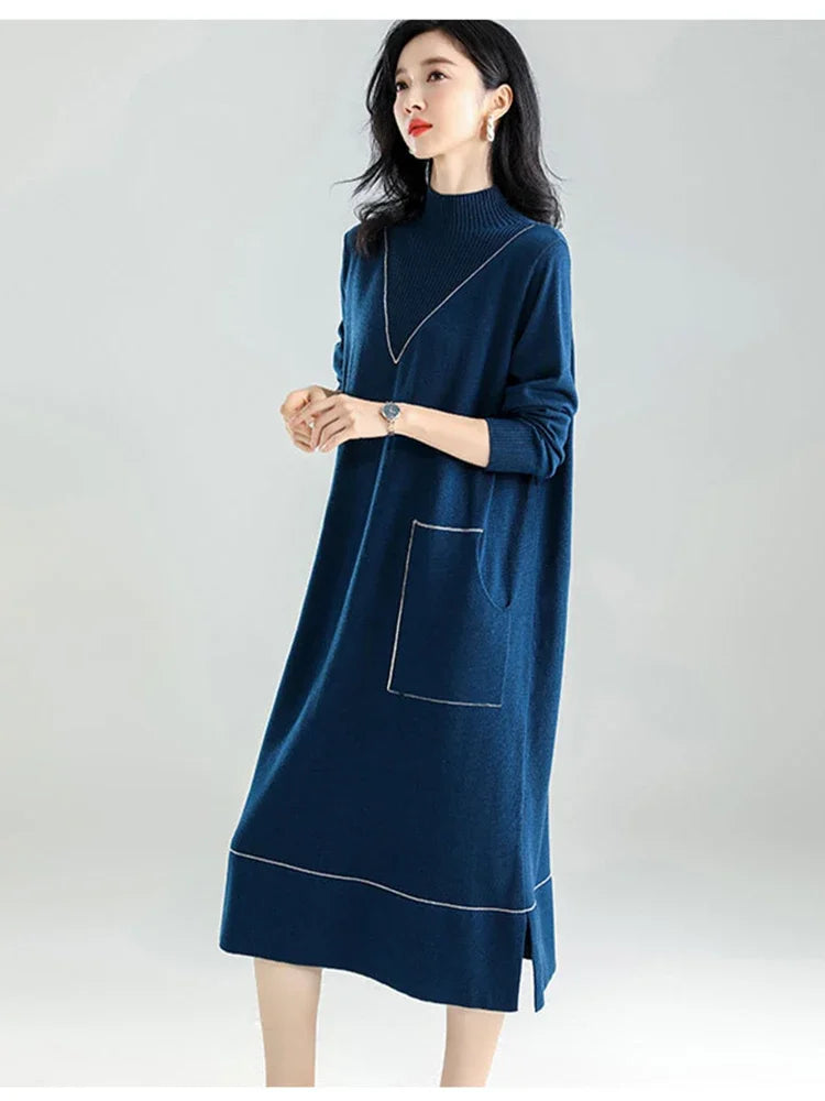 XITAO Split Dress Fashion Pullover Full Sleeve Goddess Fan Casual Style Spring Minority Pocket Solid Color Dress WLD13234