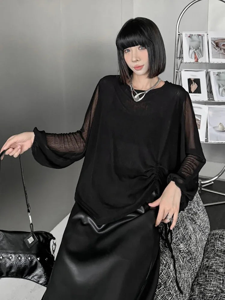 XITAO Asymmetrical Shirring Lantern Sleeve T-shirt Solid Color O-neck Loose Slimming Tops 2024 Autumn New All Match HQQ2407