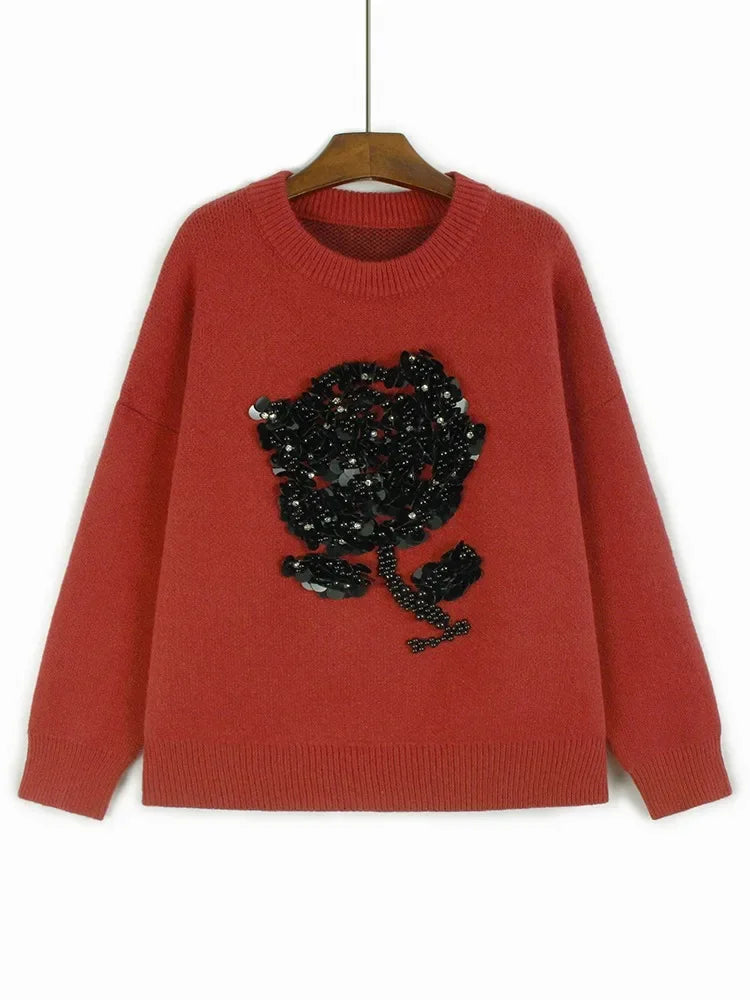 XITAO Flower Solid Color Loose Sweater Patchwork Full Sleeve Pullover O-neck All Match 2024 Autumn Top Women Sweater ZYY1088