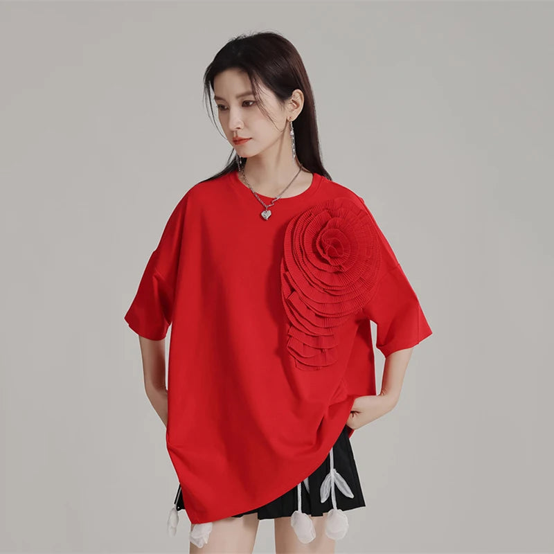 XITAO Three-dimensional Flower Short Sleeve T-Shirt Irregular Loose Pullover Fashion Round Neck Solid Color Women Top LYD1830