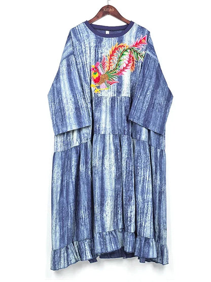 XITAO Embroidery Dress Fashion New Women Pleated Pullover Goddess Fan Casual Style Loose Summer Dress DMY3141