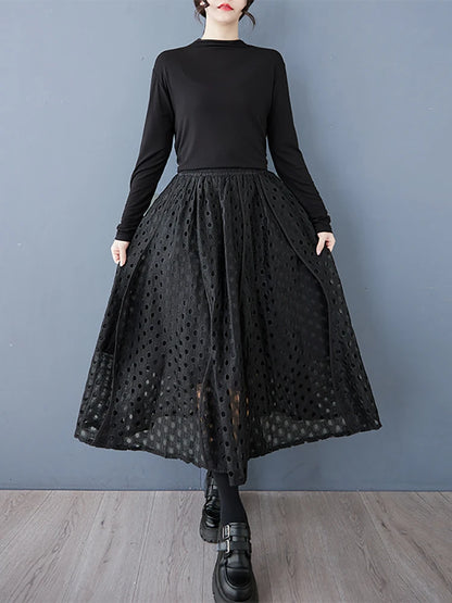 XITAO Irregular Hollow Out Lace Elastic Waist Skirt Solid Color A-line Casual Fashion Elegant Thin Autumn Women Skirt GMM1220